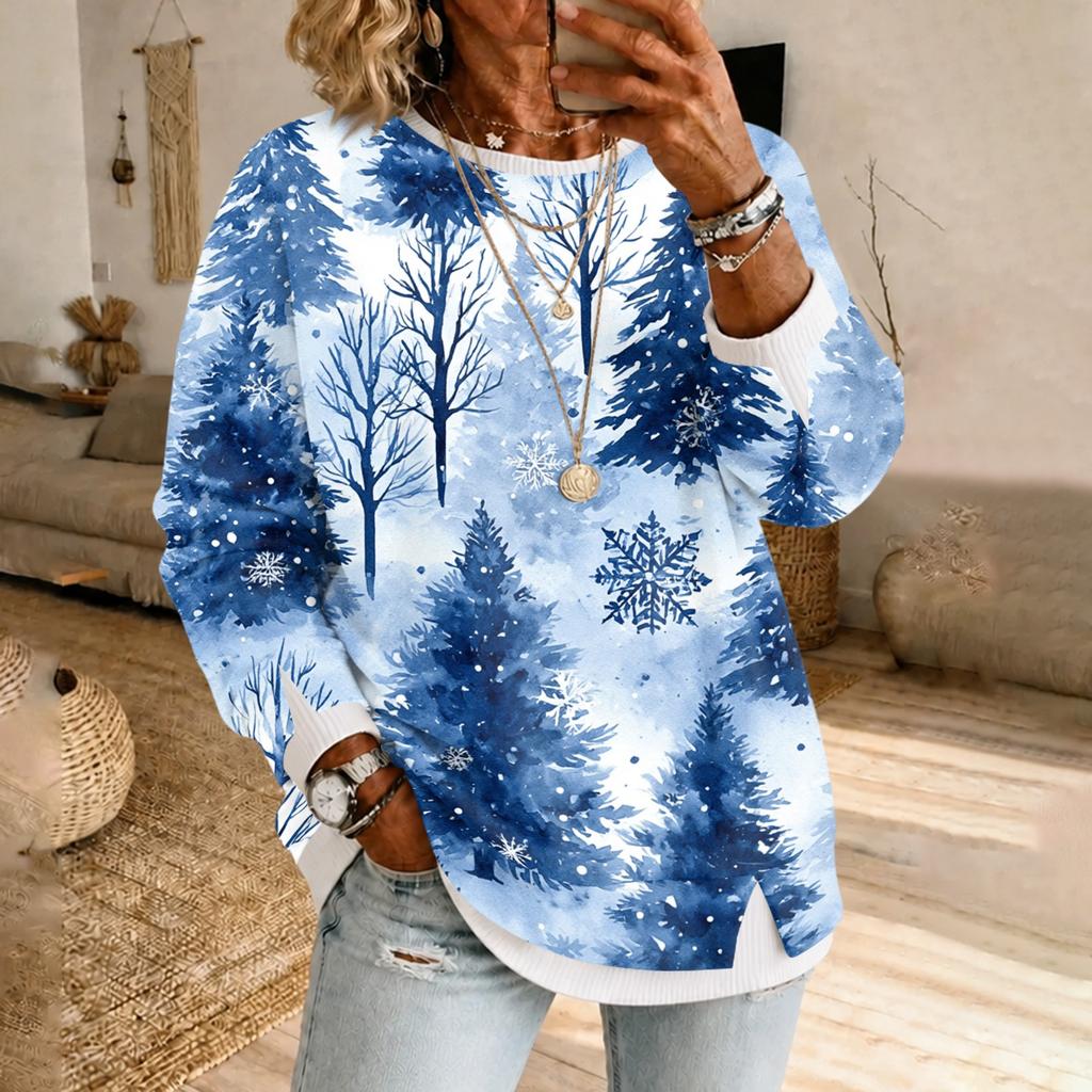 Women's Casual Christmas Print Long Sleeve Pullover with Round Neck