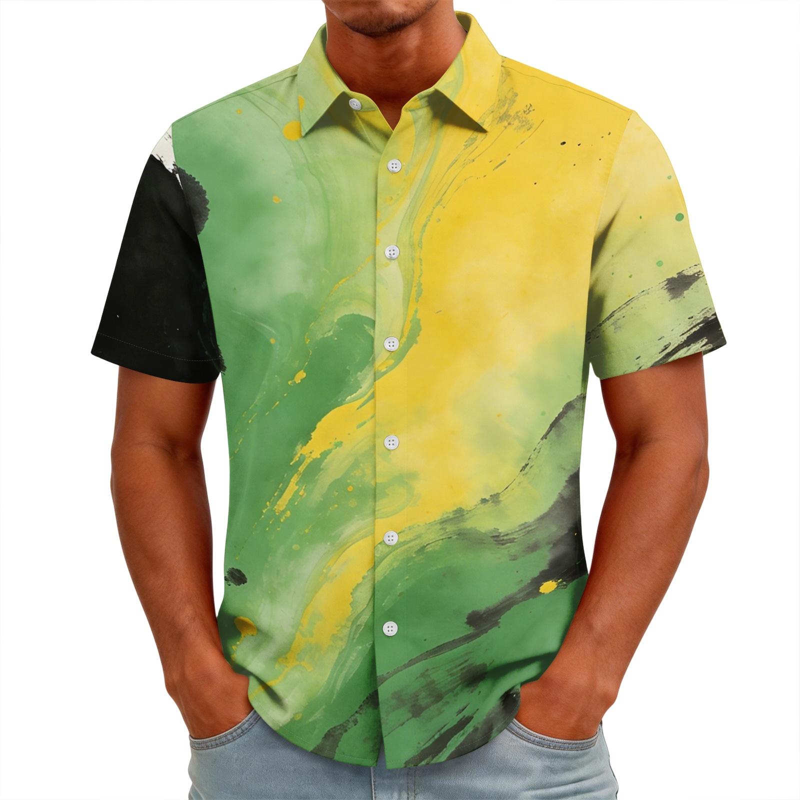 Men s Short Sleeve Button Down Shirt Color Splatter Print Team Inspired Casual Vacation Shirt L