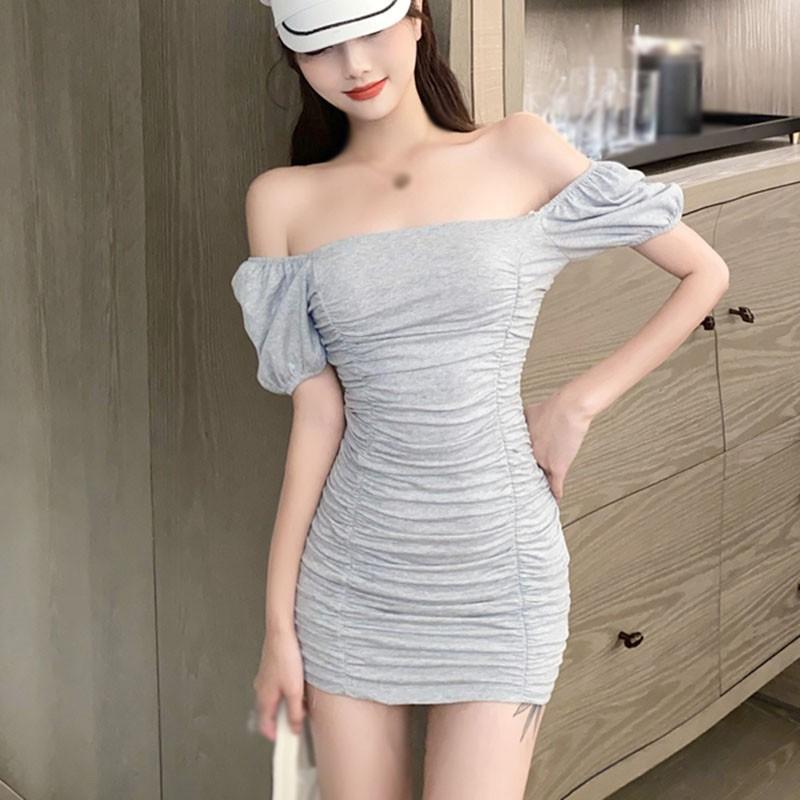 Lady's Sexy Off Shoulder Mini Dress Summer Solid Color Slash Neck Slim Short Sleeve