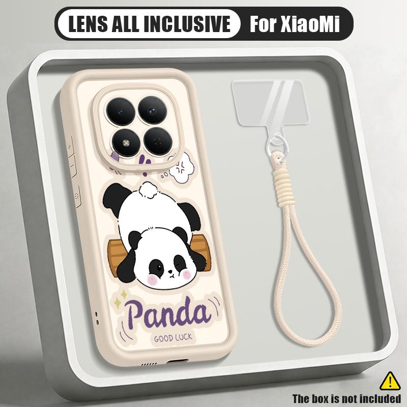 Cute Panda Print Lanyard Case For Xiaomi 14T 13T Pro Redmi Note 15 Pro 4G 14 13 Pro+ 5G Shockproof Bumper Soft Cover