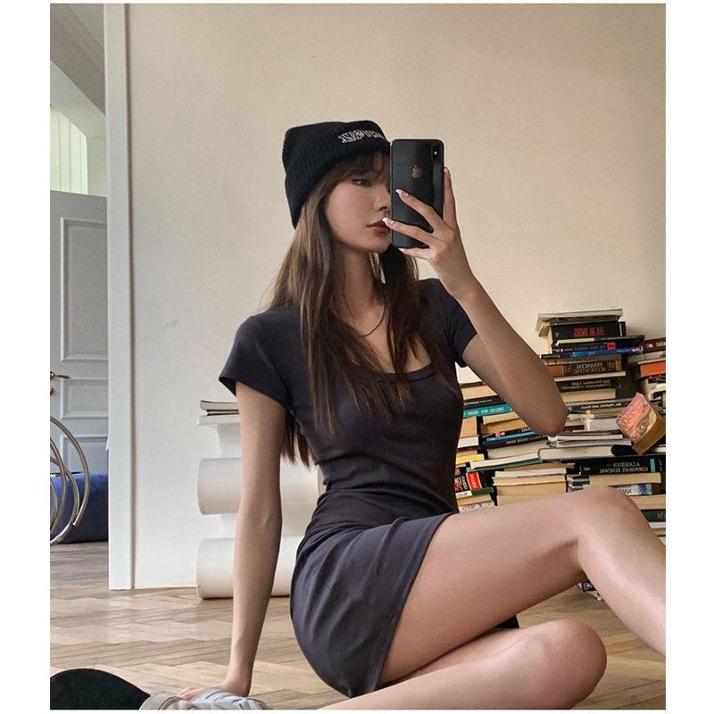 European and American light and familiar style square collar pure desire Spice Girl slim dress women's autumn sexy arm tight waist short skirt