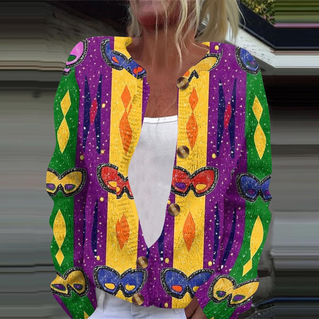 Women's Fashion Printed Long Sleeve Knitted Cardigan Button Down Jacket