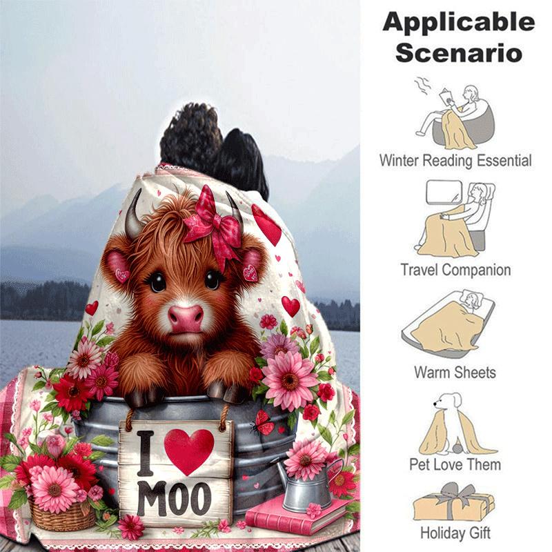 1pc Highland Cow Printing Lightweight Flannel Blanket, Comfortable and Warm Blanket, for Camping Sofa Bed and Couch Office, in All Seasons