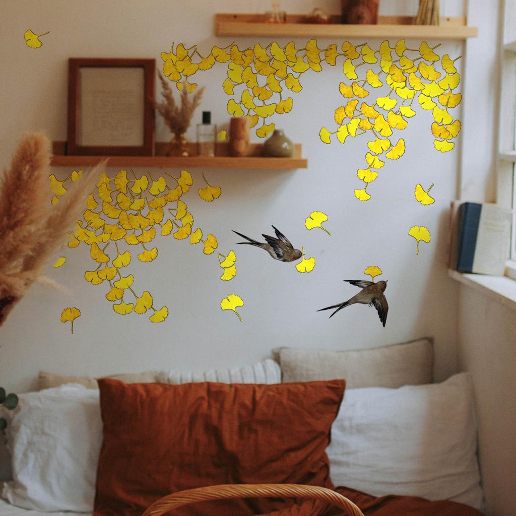 Tj7543 Hand-Painted Ginkgo Biloba Leaf Bird Bronzing Wall Sticker Decoration Living Room Bedroom Background Self-Adhesive Wall Sticker