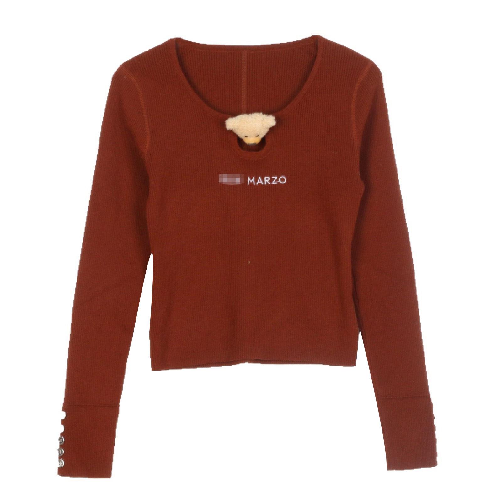 

Женская приталенная трикотажная рубашка с длинным рукавом с трехмерным медведем S