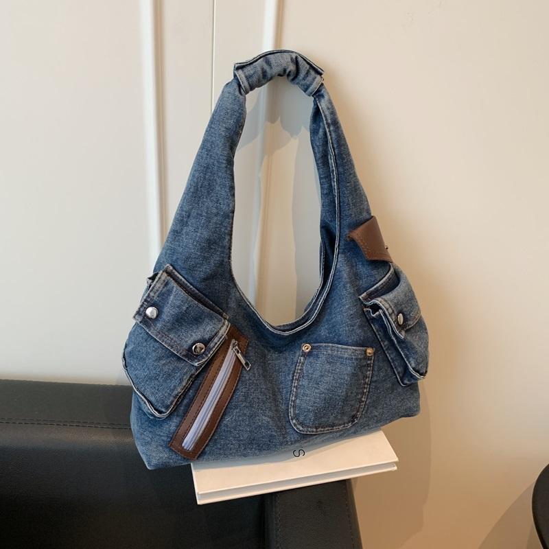 Washed Denim Slouchy Hobo Bag with Multi Pocket Design and Ruched Strap Casual Shoulder Purse for Women Daily Travel