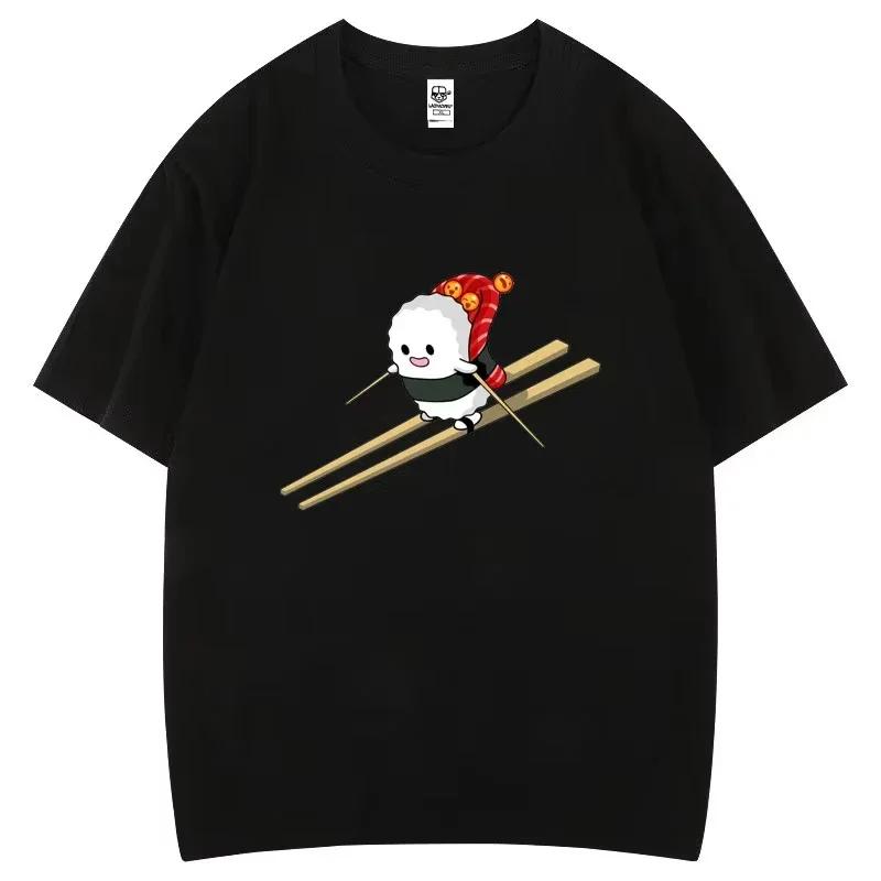 Sushi Skiing Graphic Tee Funny Japanese Food Cartoon Print Unisexs Casual Short Sleeve TShirt S