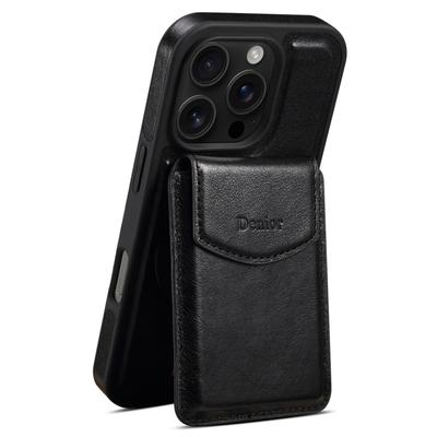 DENIOR D22 For iPhone 16 Pro Max Case Detachable Card Bag Rotary Kickstand Genuine Cow Leather Phone Back Cover