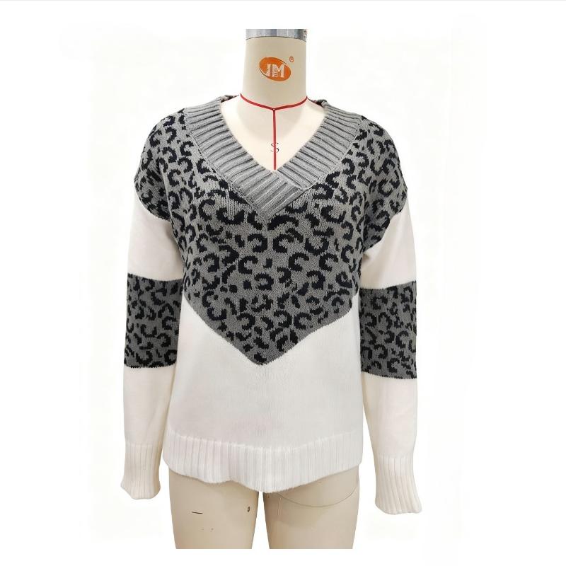 Herbst- und Winter-Leopardenmuster-Farbblock-Strickpullover mit V-Ausschnitt Damenpullover
