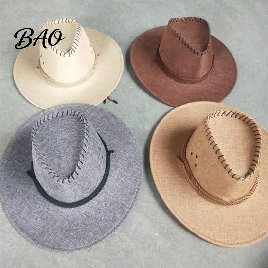 Stiff Brim Gardening Hat Western Cowboy with Windbreak Rope for Men, Wide Linen Sun Foldable Travel Outdoor Travel, Halloween Cosplay Costume,