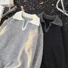 Unisex Oversized Thick Knit Polo Collar Sweater Winter Warm Casual Top In Brown Gray Black