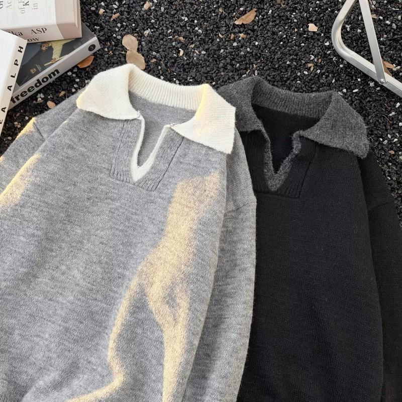 Unisex Oversized Thick Knit Polo Collar Sweater Winter Warm Casual Top In Brown Gray Black