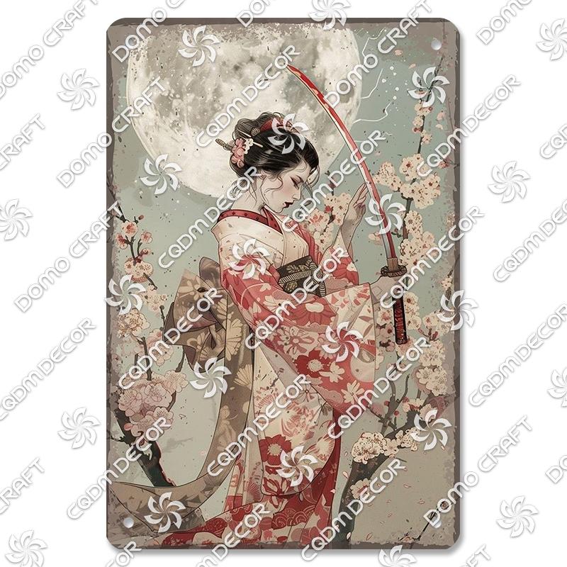 Retro Japanischer Stil Poster Metall Blechschilder Kimono Schönheiten Japanischer Samurai Vintage Metallplatte Wanddeko Club Bar Man Cave