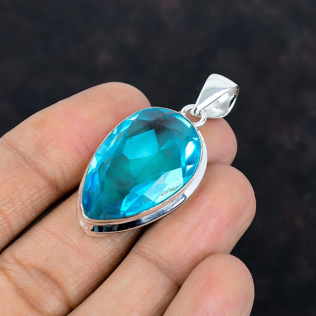 Faceted Swiss Blue Topaz Pendant Natural Gemstone Jewelry Designer Pendant 925 Sterling Silver Pendant Handmade Dainty Pendant Gifts for Mom