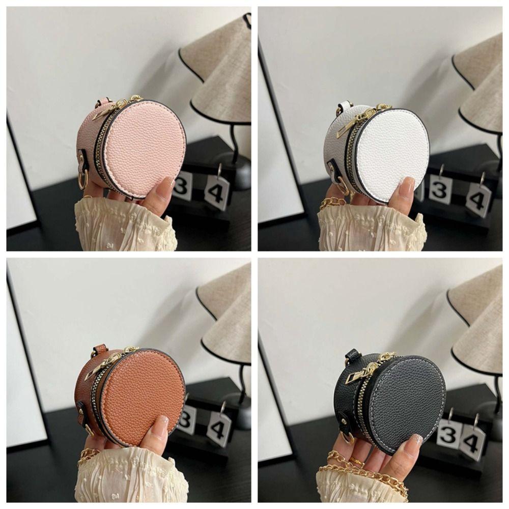 Elegant Chain Small Round Pouch Anti-splash Water Vintage Lipstick Hanging Neck Bag Mini Solid Color Detachable Coin Purse