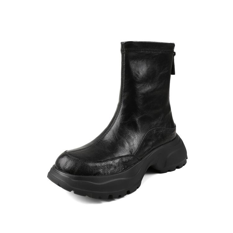 5Cm Fashion Round Head Thick Heel Waterproof Table Short Boots Women's Versatile Solid Color Casual Style Sheepskin Rear Zipper Thin Boots