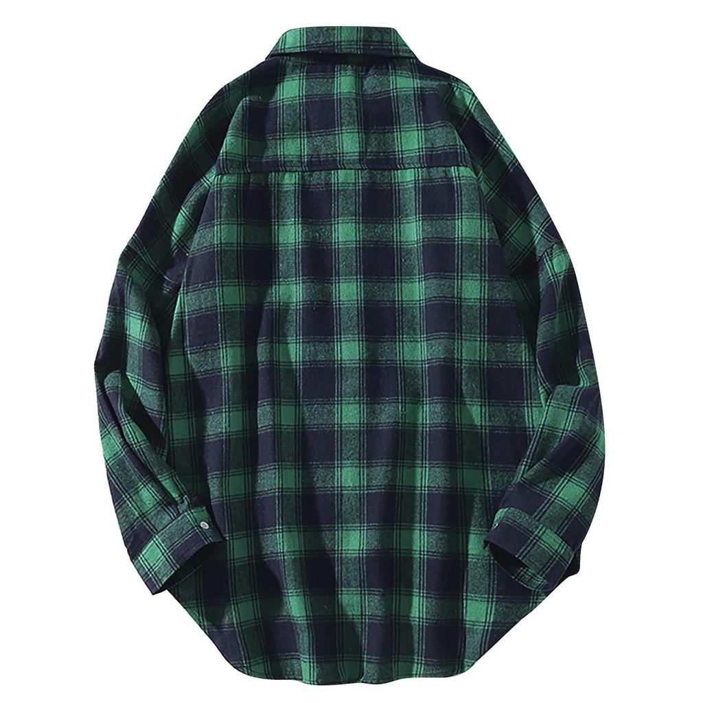 Men's  Casual Fashion Plaid  Printing Loose Lapel Long Sleeve Shirt Tops Blouse