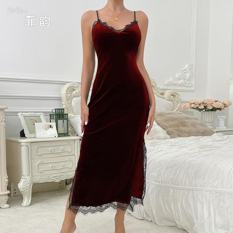 Sexy deep v pajamas women's long suspender nightgown velvet lace seduction backless