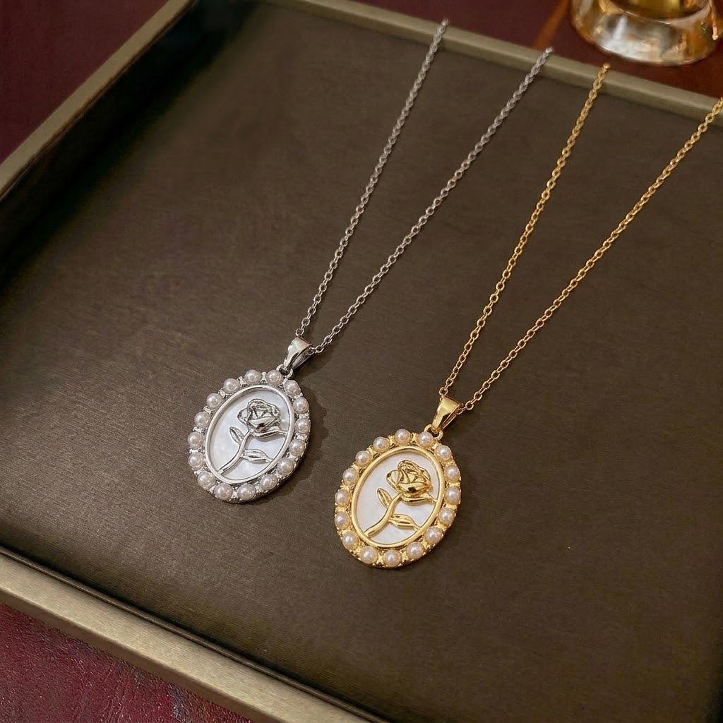 Elegant French Retro Rose Gold Coin Pendant Necklace with Pearlescent White Shell and Freshwater Pearls