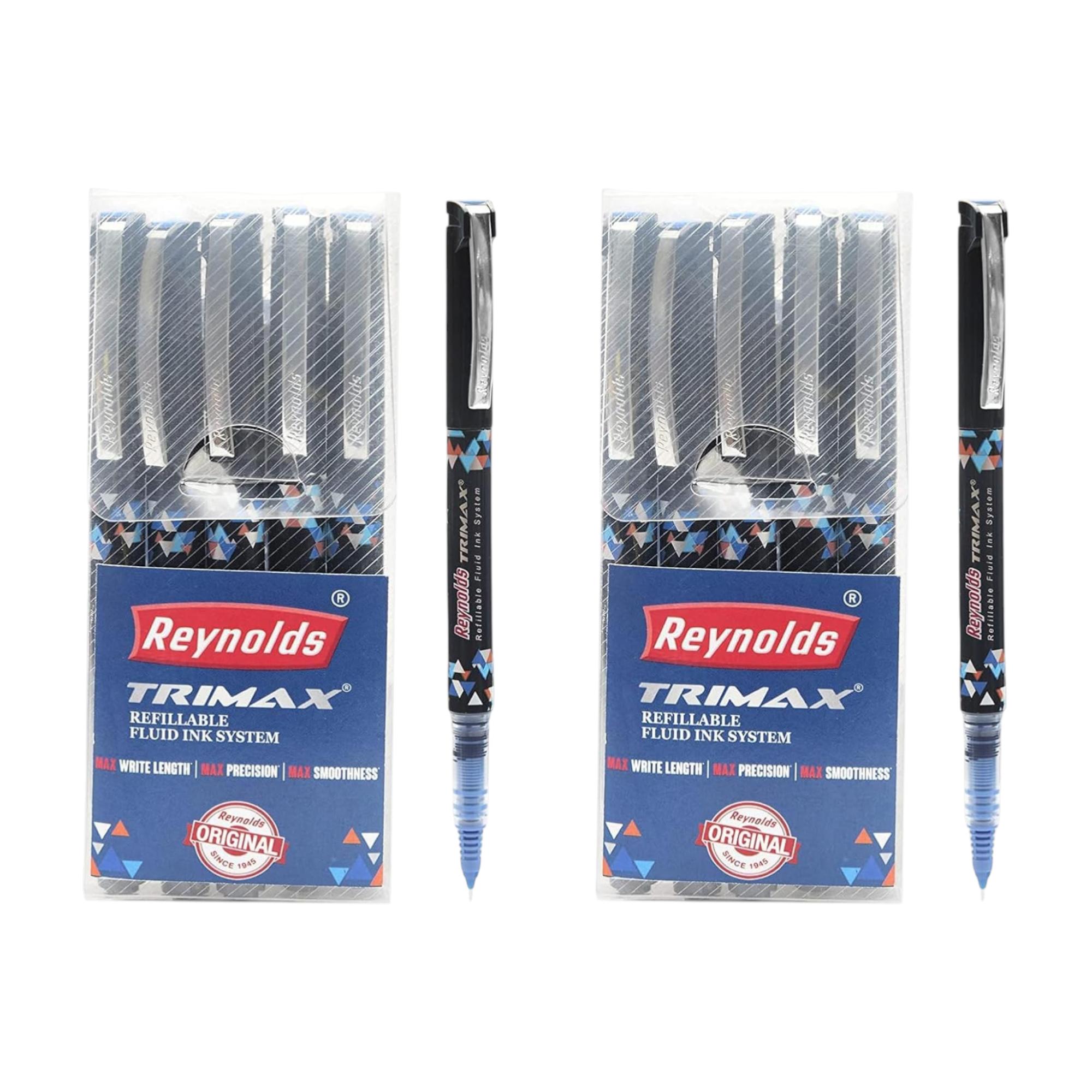 Reynolds Trimax Blue Roller Ball Pen Set, 0.5mm Tip, (Pack of 2 X 5 pcs) for Office, School & Home Writing