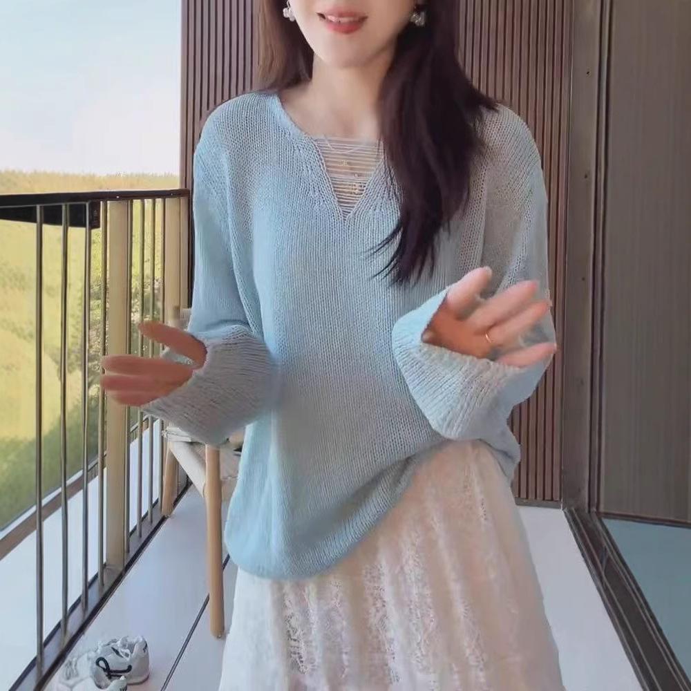 Simple and Gentle V-neck Hollow Knitted Sweater Women's Spring and Summer Thin Long-sleeved Sunscreen Blouse Lazy Loose Top Women