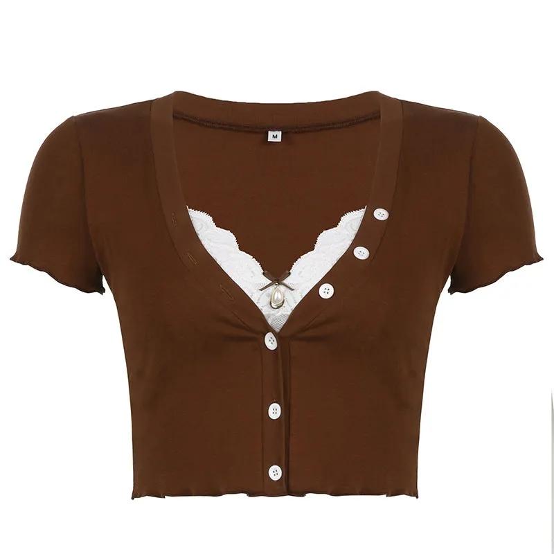 

Y2K укороченные топы с кружевной отделкой, коричневая хлопковая футболка на пуговицах с коротким рукавом и v-образным вырезом в стиле ретро, ​​базовая повседневная женская футболка в стиле Харадзюку L коричневый
