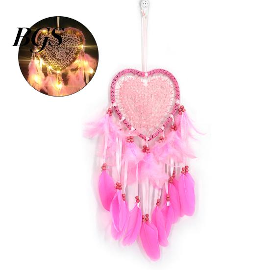 Exquisite Dreamcatcher Feather Decor Pendant Luminescent Ornament Heart Shape Design Hanging Dream Catcher for Bedroom