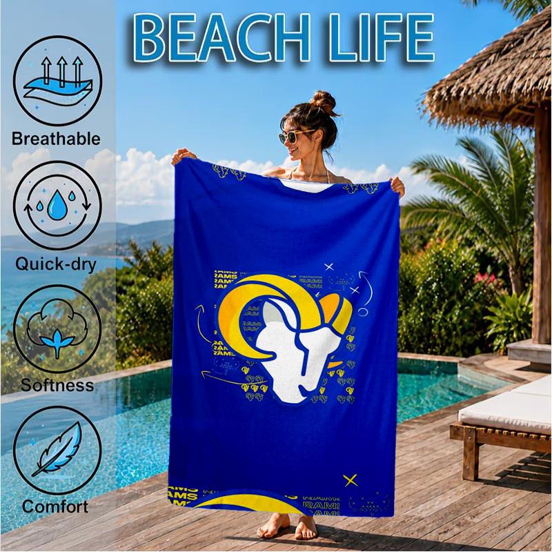 Rams Football Team Spirit Printed Microfiber Beach Towel, Soft And Absorbent, Quick-Dry, Ideal for Summer Travel, Beach Essential, Swimming Pool