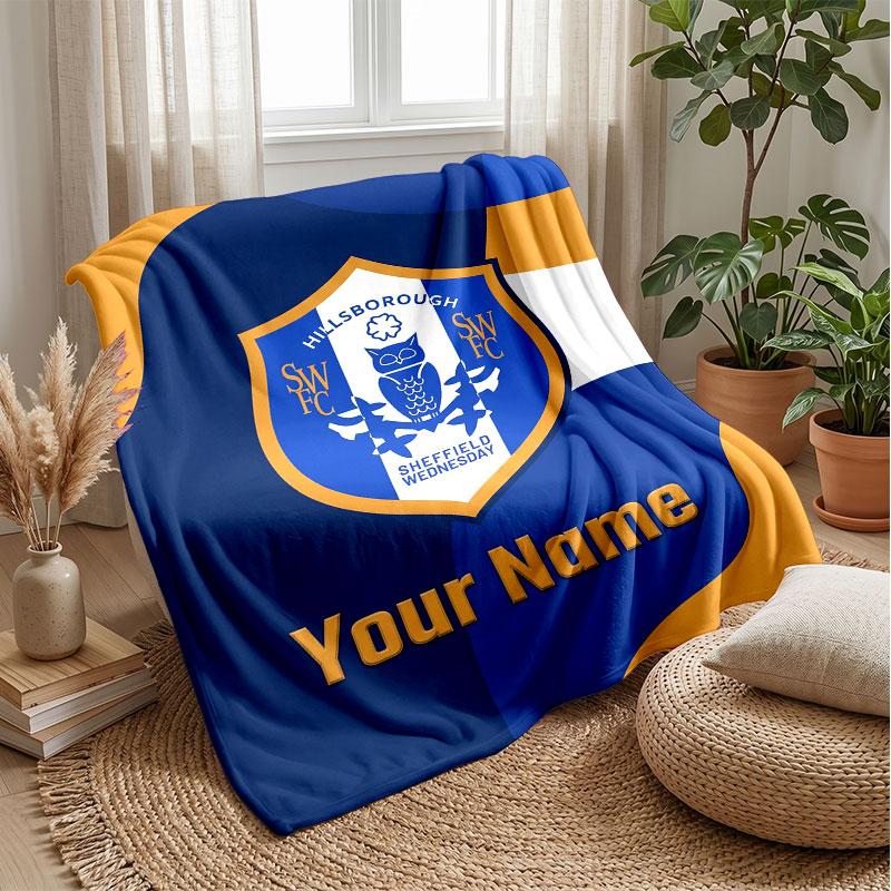 Sheffield Wednesday FC Custom Name Text Flannel Blanket Soccer Logo Personalized Fleece Throw Blanket Special Gift For Sofa Bedroom Home