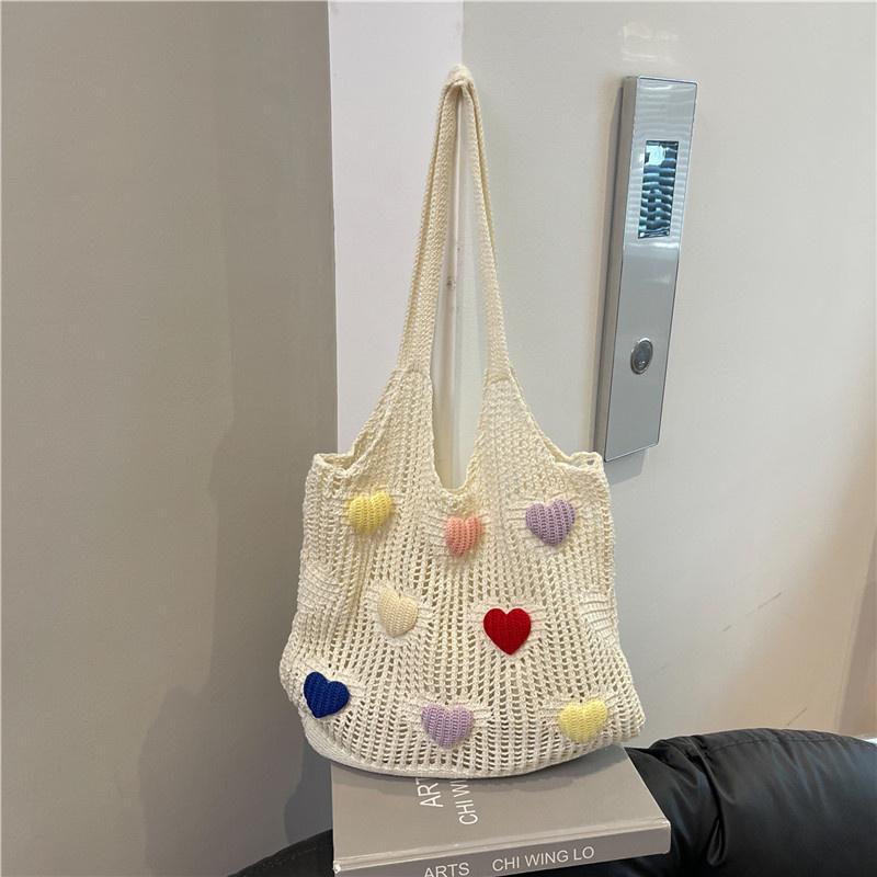 Hollow Out Lover Heart Thread Woven Bag Beach Handbag Tote Bag Beach Bag Large Capacity Bohemian Style Shoulder Bag Girls CLE