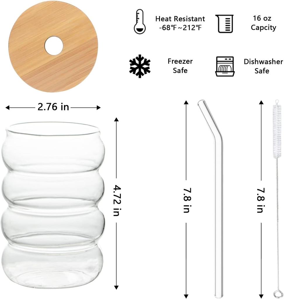 4 Pcs 480ML Creative Glass Cups Cute Ripple Shaped Vintage Drinking Glasses Ribbed Glassware with LIds Straws for  Coffee Juice