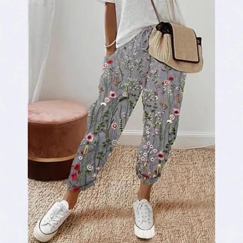 2024 European & American Style Print Cotton Linen Casual Pocket Long Pants