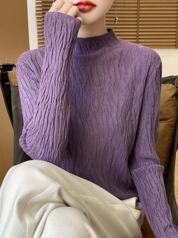 Niche Bark Texture Half-High Collar Sweater: Autumn/Winter Long Sleeve Temperament Knitwear for Women