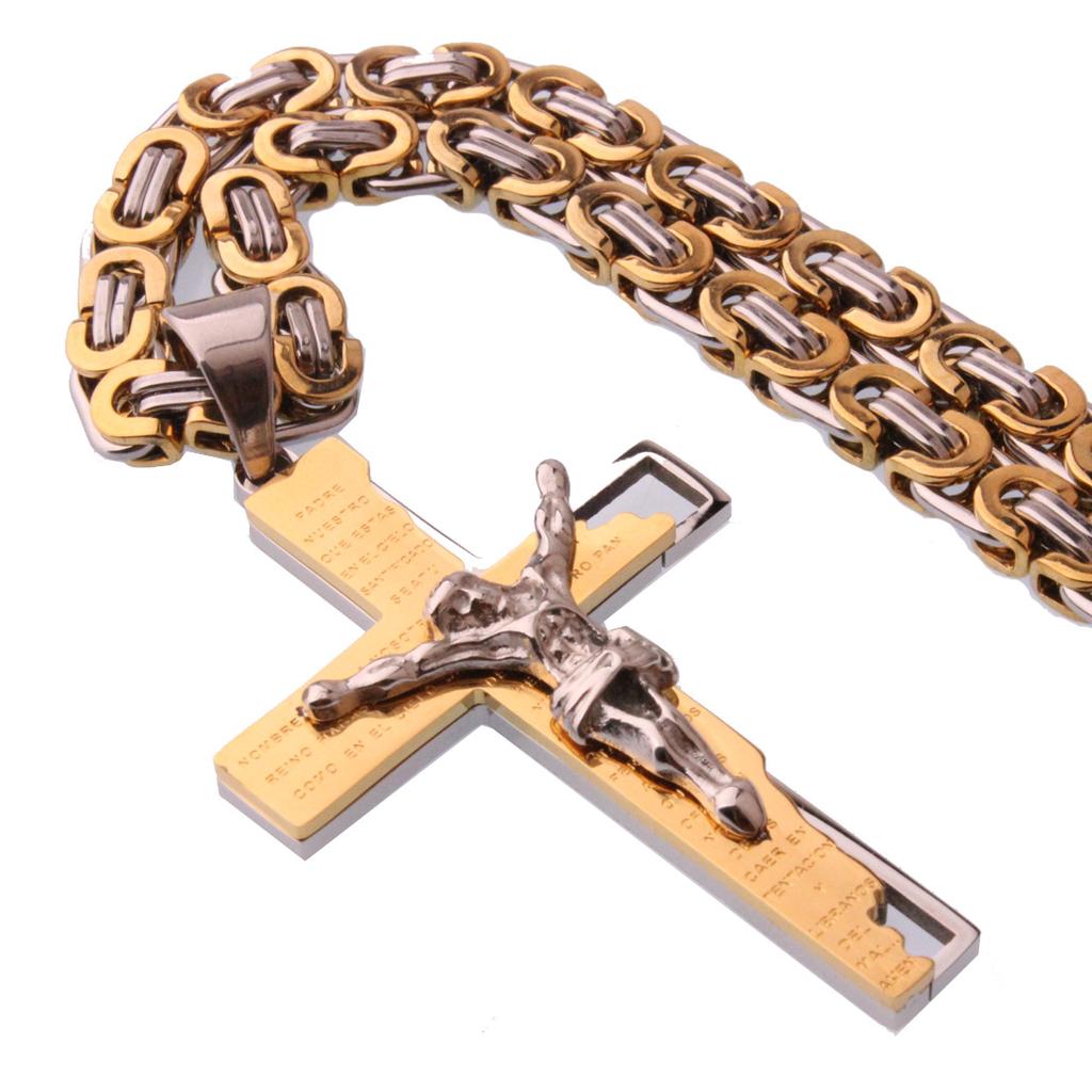 Religious Jesus Cross Necklace For Men Stainless Steel Crucifix Pendant with Byzantine Chain Necklaces Male Jewelry Gift