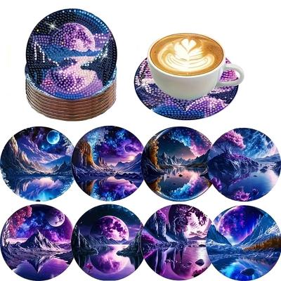 8 Piezas/set de Posavasos con Patrón de Paisaje Pintado con Diamantes, Posavasos DIY con Soportes, Adecuados para Principiantes y Adultos, Suministros de Arte y Manualidades Regalos