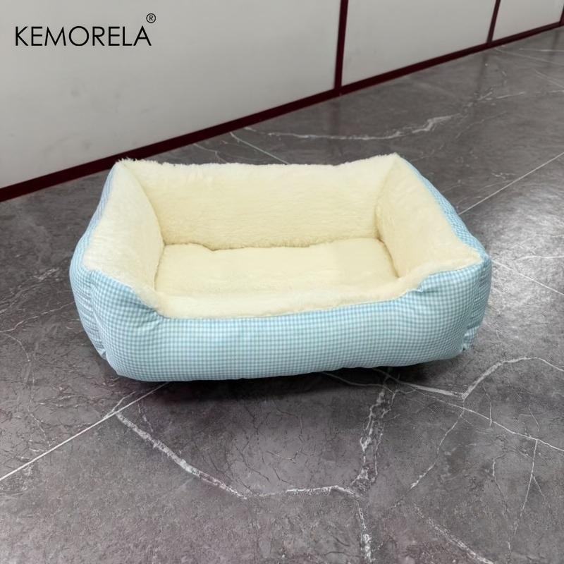 KEMORELA Square Plush Pet Bed for Winter, Pastoral Pet Sofa Bed Macaron-colored Plaid High Elasticity Thickened Comfort Warm