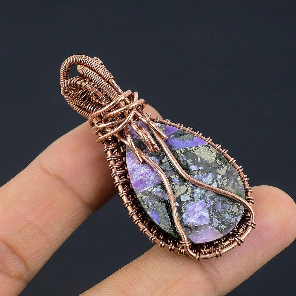 Copper Charoite Pendant Gemstone Jewelry, 999 Copper Wire Wrapped Pendant, Handmade Gift For Wife Pendant Jewelry