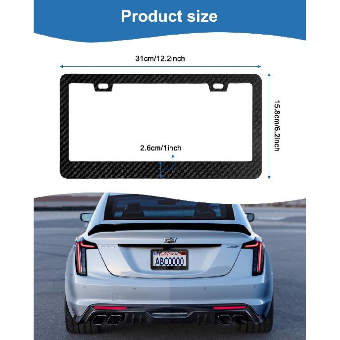 Carbon Fiber License Plate Frames- Black Plastic Car Tag Holder, 2 Pack 2 Hole Front Rear Bracket With Screw Caps And Car Door Handle Stickers