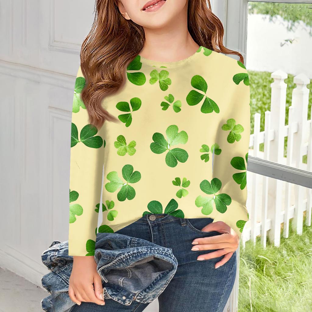 Girls Long Sleeve T Shirts Kids Fall Tops Crewneck Printed Basic Tees Saint Patrick's Day
