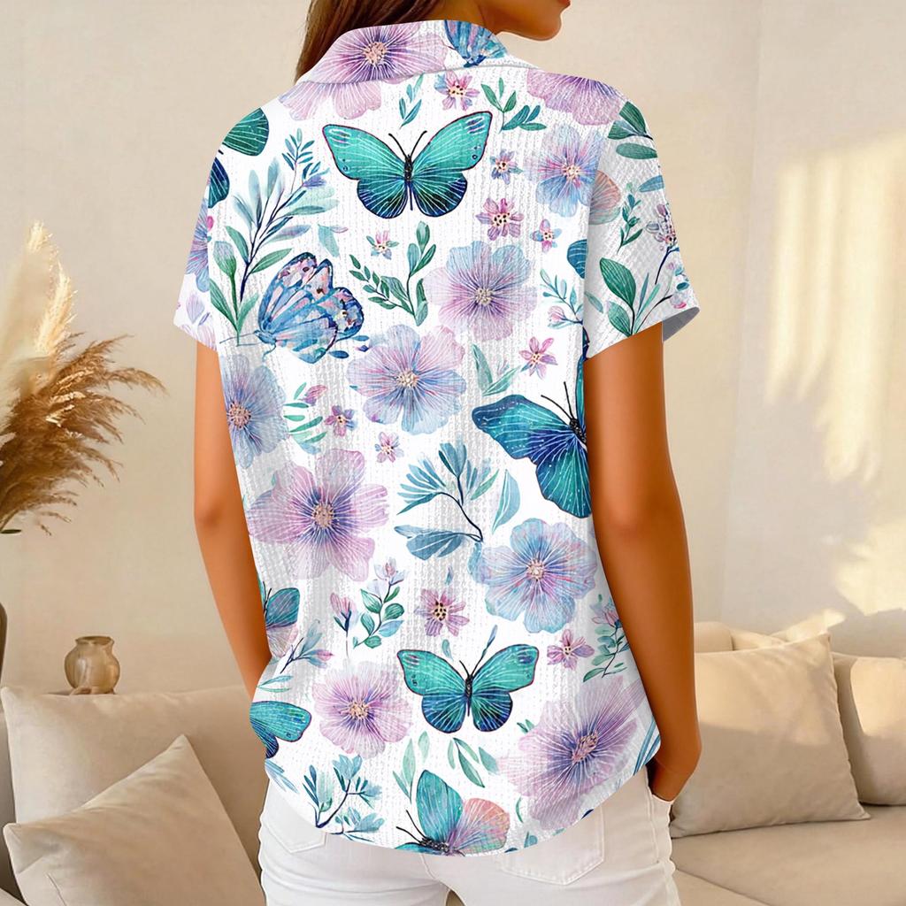 Women's Casual Short Sleeve Floral Print Waffle Knit Polo Shirt Relaxed Fit Button Down Collar Top for Everyday Wear