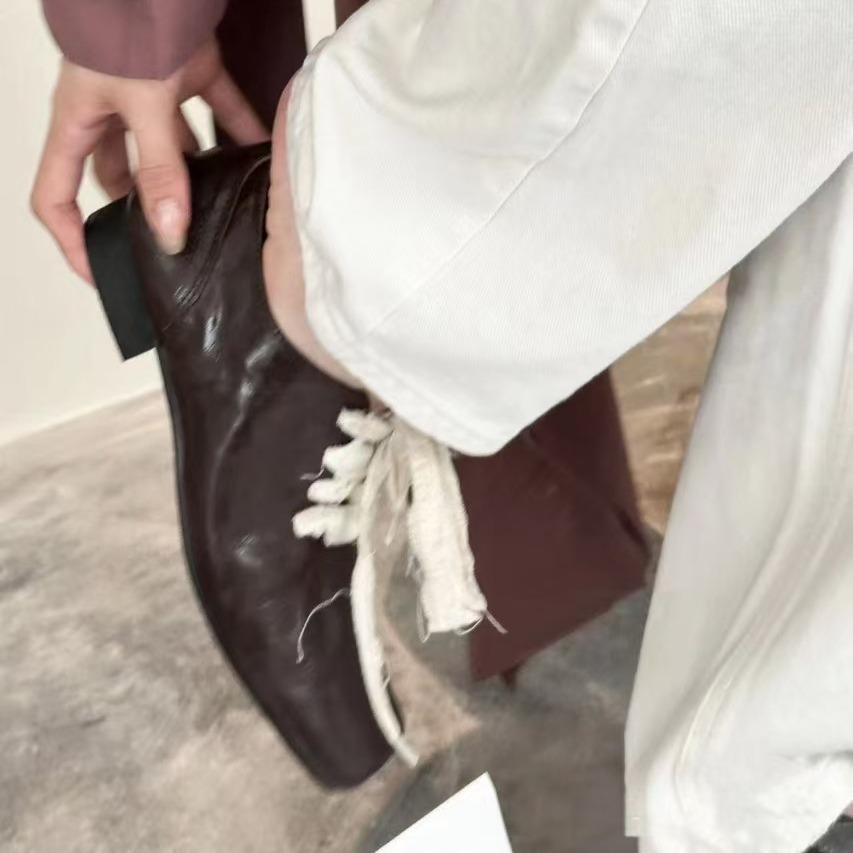 Sheepskin version~ retro literary square head small leather shoes high sense thick heel front lace-up outside wear temperament leather single shoes