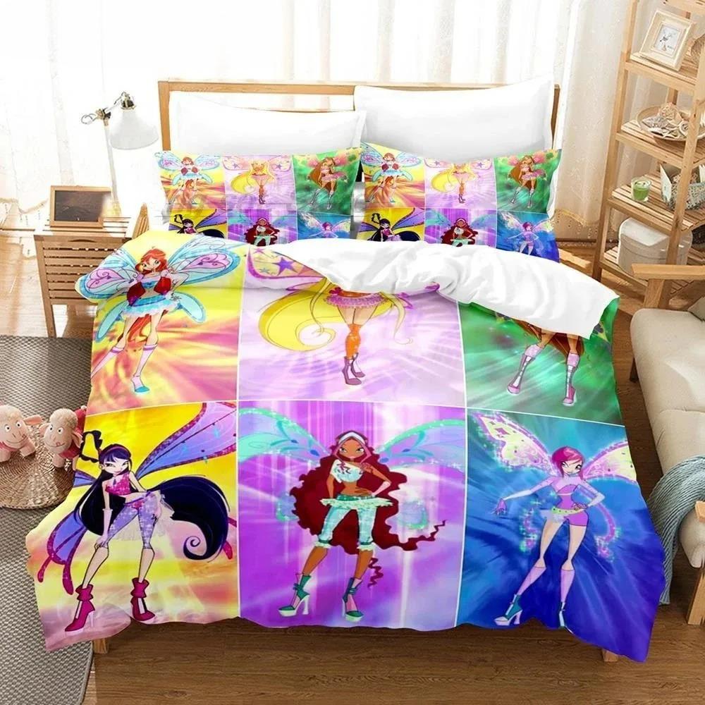 Anime W-Winx Club Bettbezug Kissenbezug Kindergeschenk Bettwäsche-Set für Erwachsene Jungen Mädchen Schlafzimmerdekoration Einzel Doppel Groß