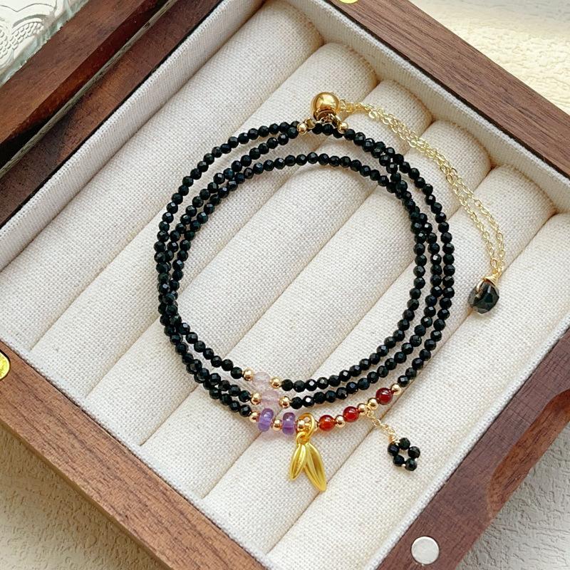 Black tourmaline, black spinel, black tourmaline, original three-circle bracelet, adjustable bracelet.