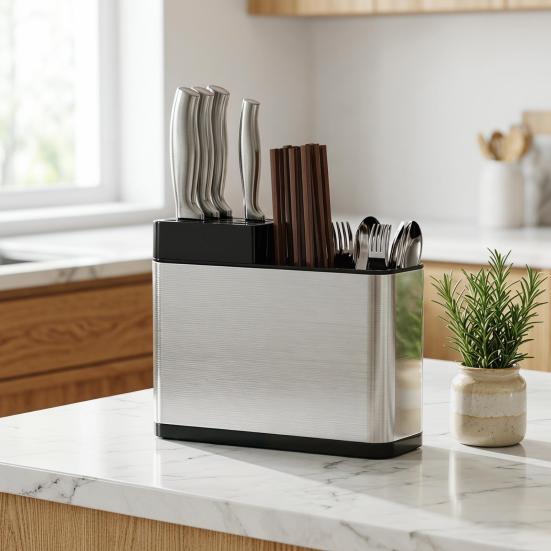 Stainless Steel Cutlery Organizer Multi Compartment Storage Box Dishwasher Safe Silver Kitchen Utensil Holder with Drainage Holes Non-Slip Countertop