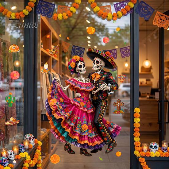 Durable Sunproof Glass Stickers Day of The Dead Window Clings, Halloween Double-Sided Skull Sticker, Versatile Indoor Outdoor Decorations Colorful