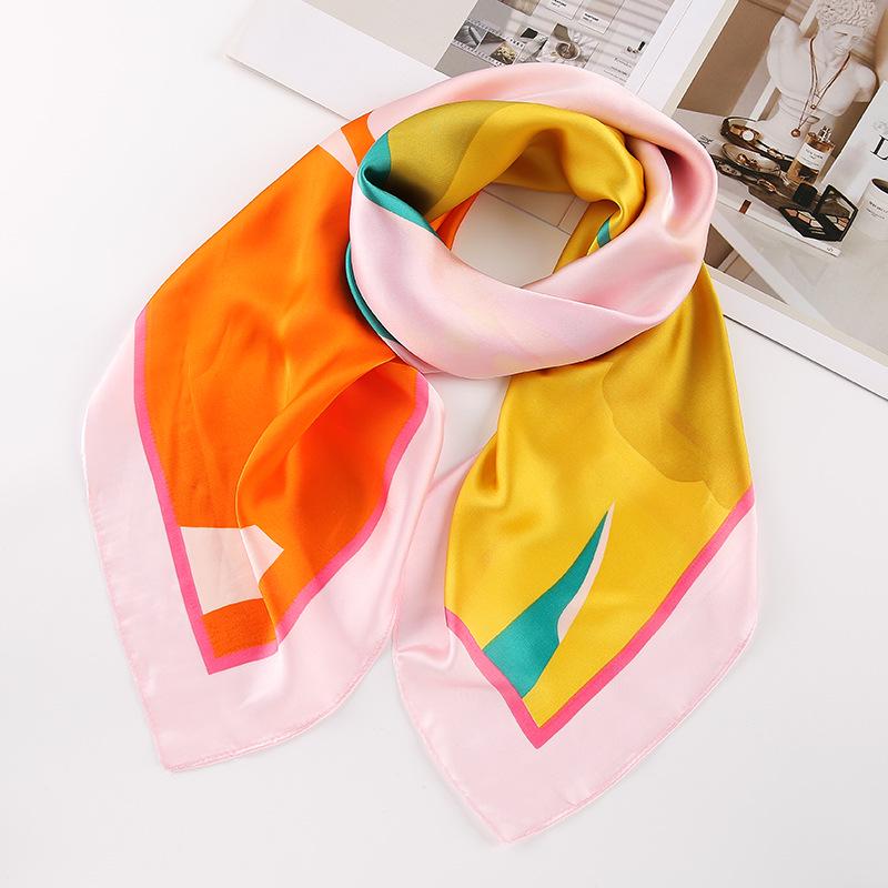 Korean Floral Print Satin Chiffon Square Scarf, 90cm, Imitation Silk Headscarf