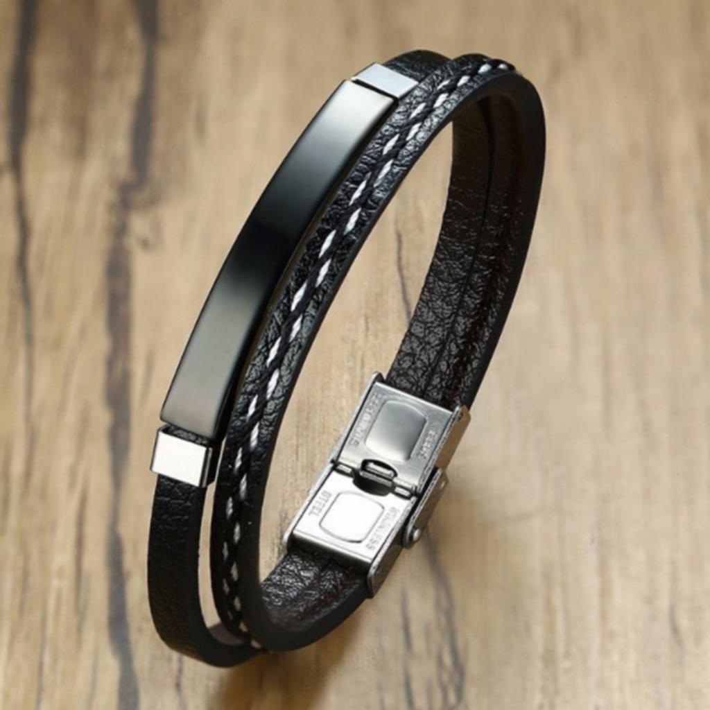 New Trendy Men Leatherwear Weave Bracelet Leisure Color Contrast Stainless Steel Bangle Men's Party Birthday Gift