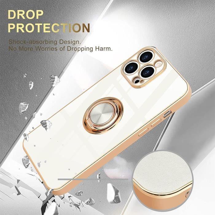 Coque Silicone - iPhone 15 Pro - Blanc - Antichoc - Anneau Rotatif 360° - Support Vertical