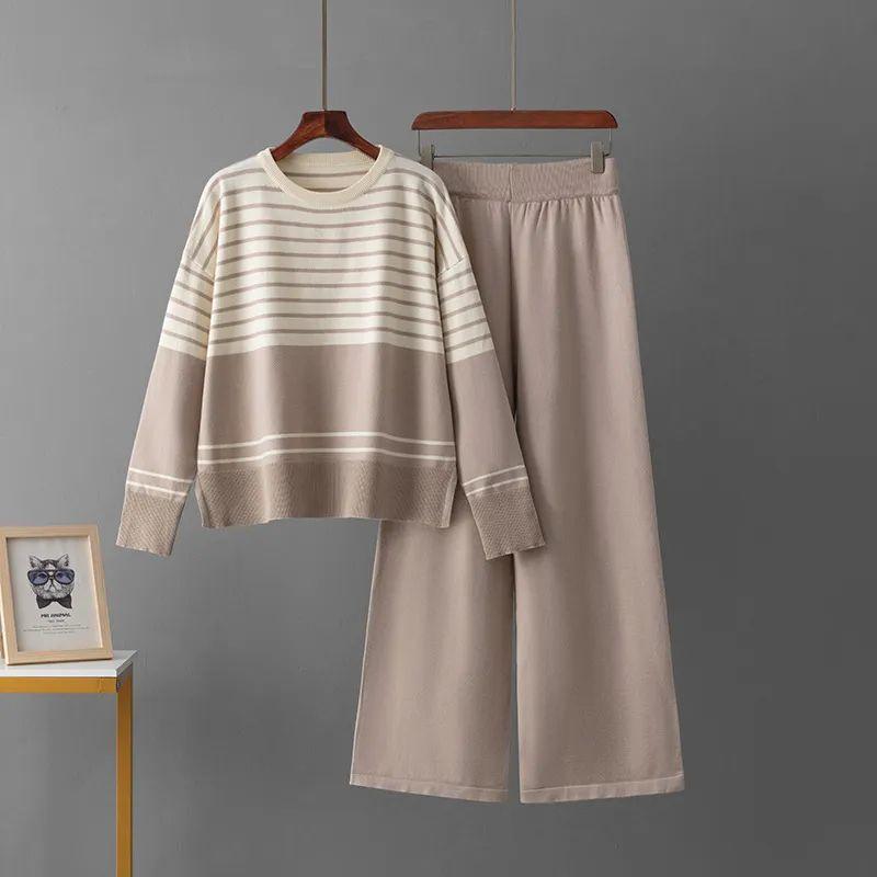 Cross-Border Amazon Autumn and Winter New Foreign Trade Stripe Knit Two Piece Round Neck Sweater Loose Casual Fashion Pants
