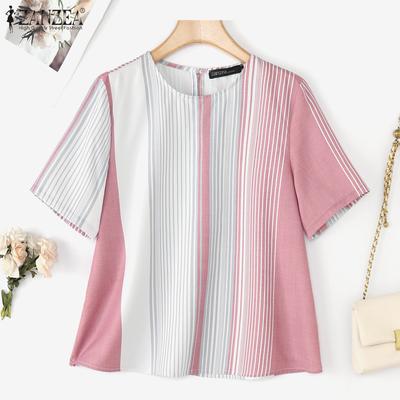 Women Casual Round Neck Summer Short Sleeve Stripe Blouse